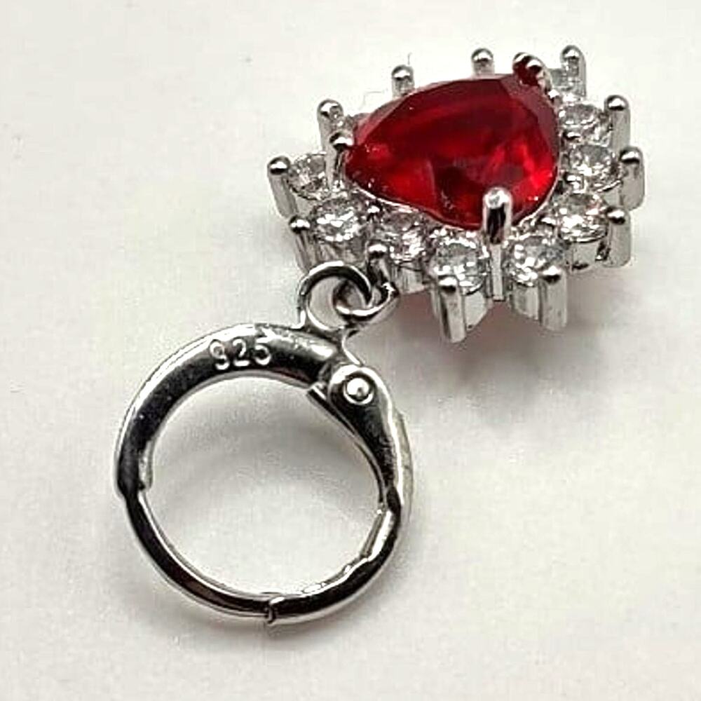 925 Silver Chain Heart Necklace Earring Set w/ Synthetic Ruby Diamonds Pendants